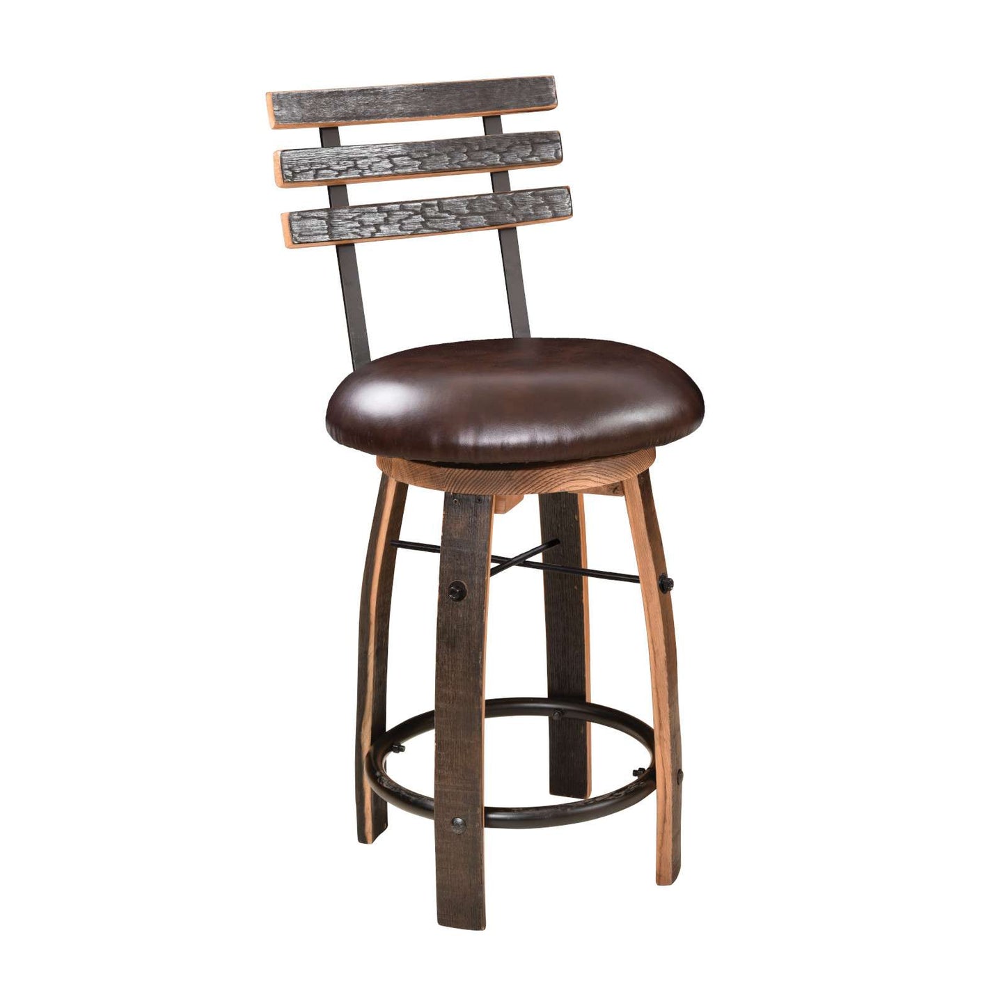 Barrel Bar Stool w/Stave Back & Cushioned Seat