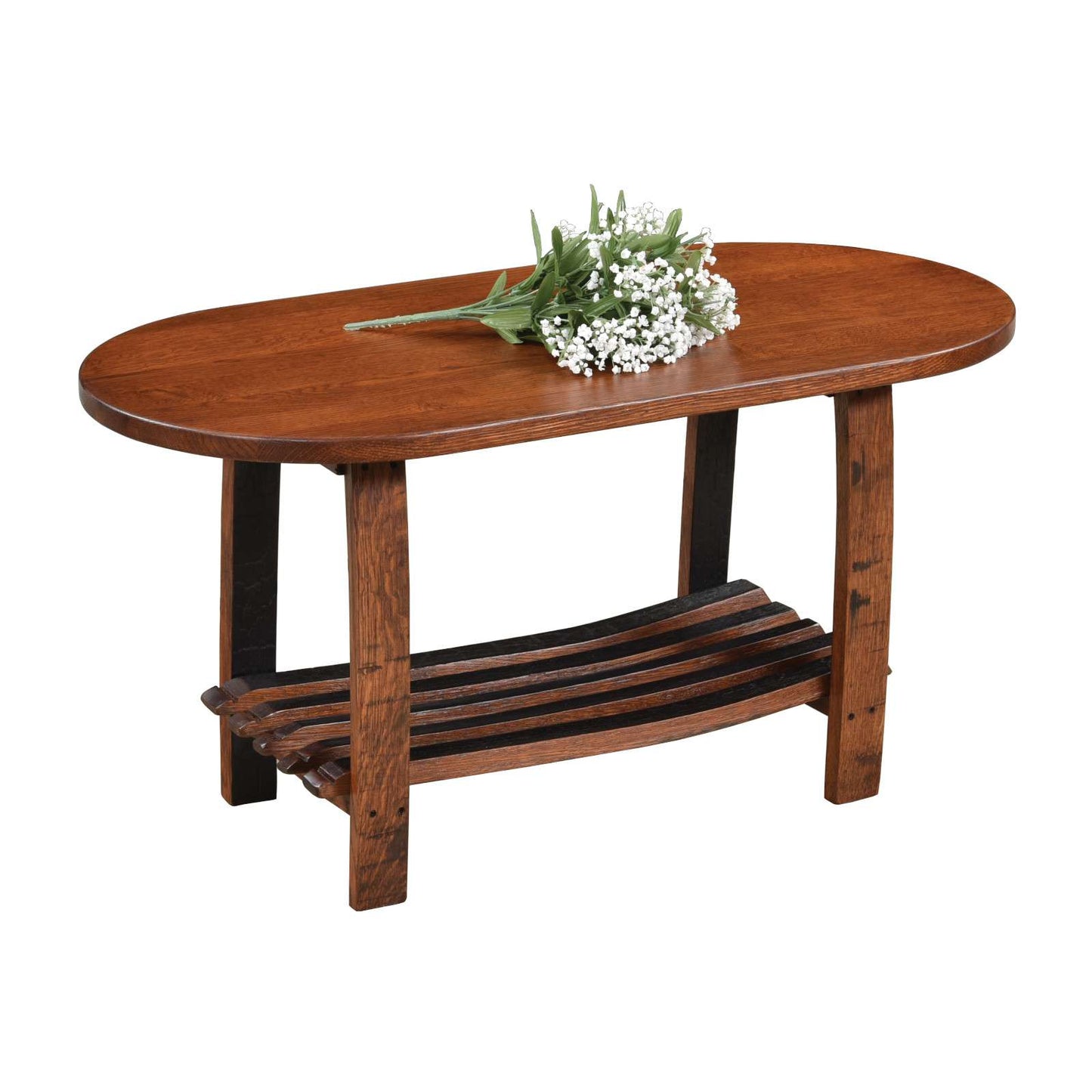 Rustic Oval Coffee Table w/Stave Shelf